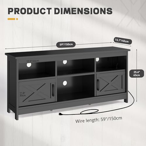 YITAHOME TV Stand for 65 Inch TVs, Entertainment Center with Storage Cabinets, Power Outlet & LED Light, Media TV Console with Barn Doors for Living Room, Black