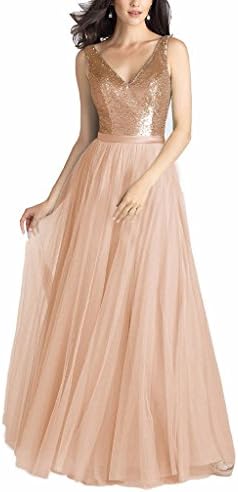 Verabeauty Sequin Tulle V-neck Open Back Party Prom Dress Rose Gold Size 20plus