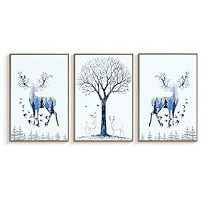 Deer Birds Trees With Blue - 3 Panel Framed Canvas