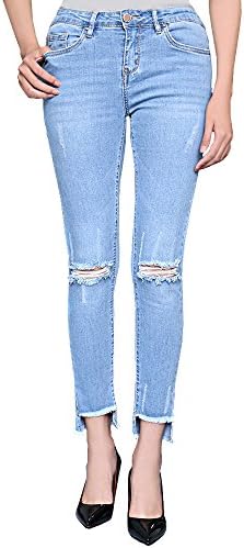 WESTREE Mid-Waisted High Elastic Ripped Holes Skinny Jeans Sky Blue , Size 10