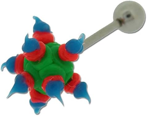 Surgical Steel Barbell Tongue Ring with Green Red & Blue Silicon Spikey Ball