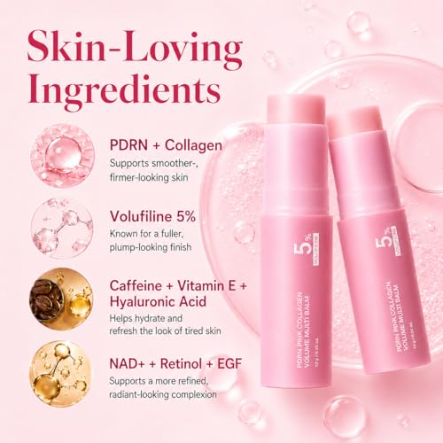 PDRN Pink Collagen Volume Multi Balm Stick, 2PC Beauty Volufiline Stick with NAD+ & Peptide, Korean Skin Care Under Eye Balm for Face, Neck, Lip & Smile Lines, Face Moisturizer Collagen Plumping Balm
