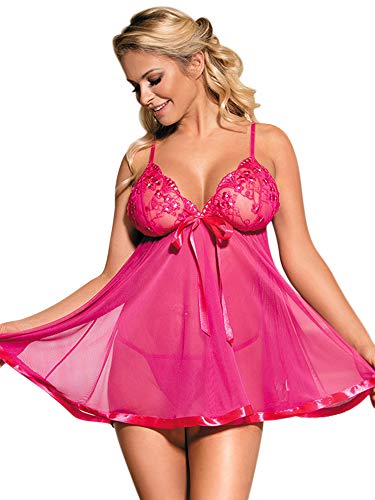 DotVol Women Plus Size Lingerie Vintage Lace Sparkly Sequin Transparent Babydoll Sleepwear(US L/Tag XL, Rose Red) - Thumbnail 2