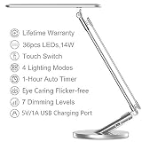 Desk Lamp, JUKSTG 36pcs LEDs 14W 7 Dimming Levels Table Lamps With 4 Lighting Modes, Folding Led Desk Lamps, 1-Hour Auto Timer, USB Charging Port, Touch-Sensitive Control, 5V Reading Lamps, Silver