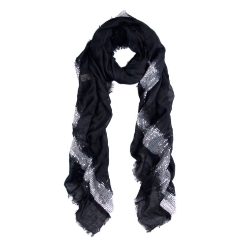 Solid Color Frayed Edge Sequin Stripe Glitter Scarf, Black