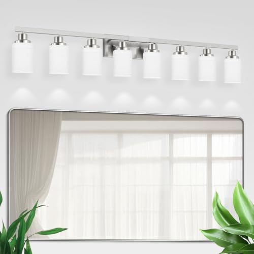 DIKAIDA 8-Light Bathroom Light Fixtures, 52inch Nickel Vanity Light ...