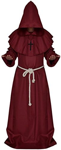 LadyKing Halloween Medieval Monk Cloak Hooded Cosplay Cape Costumes Cross Necklace Rope S Red