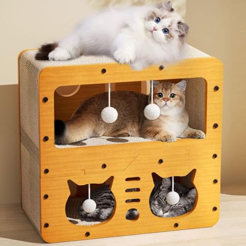 Orchid M® 3 Floor Cat Scratcher Cardboard House,Indoor Cardboard Lounge Bed- Large Cat Scratcher Bed with 4 Hanging Toys,Easy Assemble Durable Board Entertain Prevent Furniture Damage