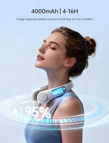 JISULIFE Portable Neck Fan, Hands-Free Bladeless, 5 Speeds, 4000 mAh Battery Operated Wearable Personal Fan, Twistable, Rechargeable, Gift for Women Men-Grey