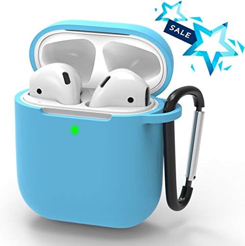 Airpods Case Portable Protective Upgrade Silicone Skin Cover with Anti-Lost Carabiner[Front LED Visible] Soft Washable Silicone Headphone Case Compatible with Airpods 2&1 Accessories - Sky Blue