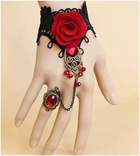 Oyang Red Rose Gothic Jewelry Black Cameo Lace Flower Bracelet Chain Ring