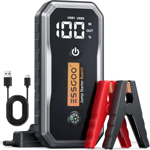 Essgoo Arrancador de Bateria de Auto Portatil con Linterna de Emergencia | Pantalla LED Y Todos Los Accesorios, Jump Starter Coche De 12V (10,0L Gasolina/8,0L Diésel)