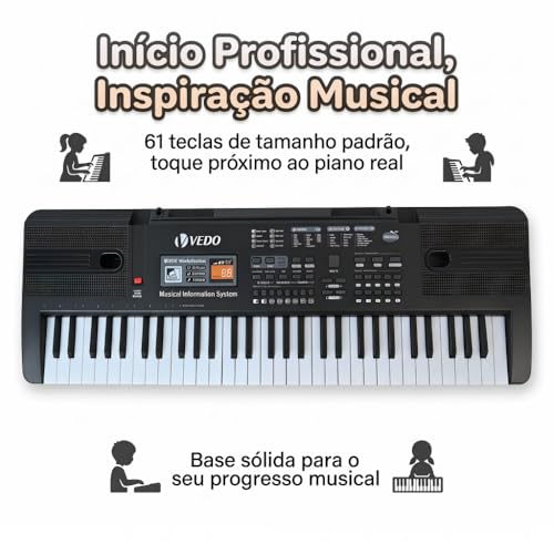 VEDO Digital Teclado 61 Teclas Infantil, Alto-Falantes Estéreo, Instrumentos Musicais Infantis, 10 Ritmos, 16 Timbres, 8 Percussão, 6 Músicas Demonstração, 2 Funções de Aprendizagem, Ótimo Presente