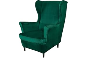 PENDEJATO Wing Chair Slipcovers, 2 Piece Stretch Wingback Chair Cover Soft Velvet Armchair Covers with Elastic Bottom for Living Room Bedroom (Dark Green)