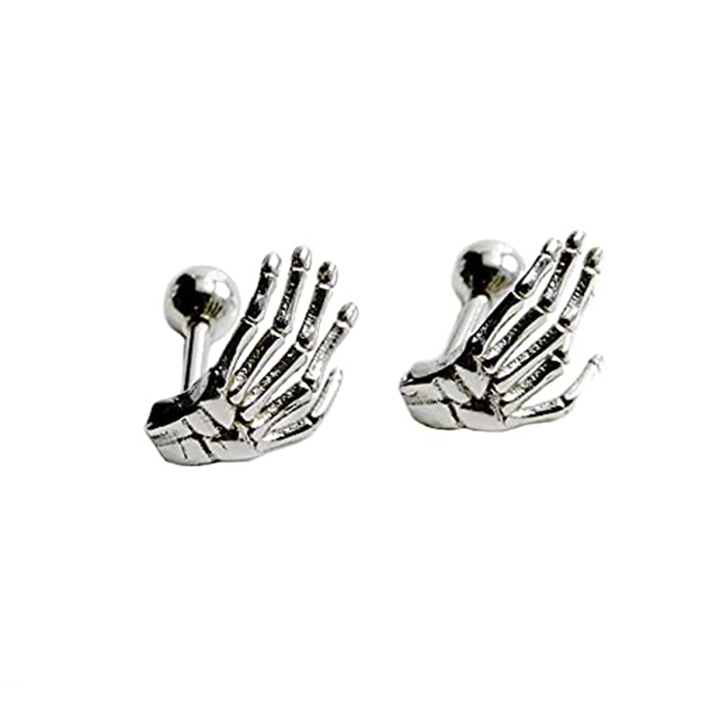 Gothic Skull Skeleton Hand Stud Earrings for Women Girls Mens 16G Stainless Steel Hypoallergenic Helix Screw Back Cartilage Piercing Earring Studs Ear Tragus Birthday Punk Jewelry Gifts(Silver)