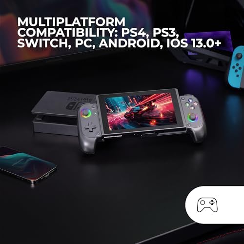 MGPX, Gamepad Bluetooth 5.0 2en1, RGB Neon, Vibración Dual y Función Turbo, Soporte Smartphone Hasta 6.8", Mando Multifunción Compatible PC, Android, iOS y Consolas, USB-C y Funda, Negro