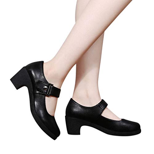Womens Buckle Strap Dance Leather Shoes - Rumba Waltz Prom Latin Tango Ballroom Party Block Heel PU Dance-Shoes (Black, US:7)