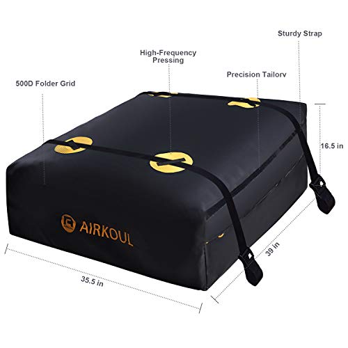 AIRKOUL Car Top Carrier Roof Bag Waterproof Rooftop Cargo Carrier Bag with Protective Mat and 4 Pcs Heavy Duty Straps for Vehicles with or Without Racks, 15 Cubic feet