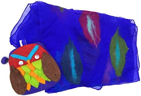 Felted Silk Long Art Scarf Plus Colorful Wool Felt Owl Design Clutch Purse Set (Purple-Green)
