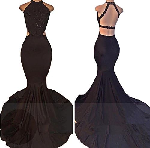 Gralre Women's Halter Trumpet Long Prom Dresses High Slit Mermaid Lace Formal Evening Gowns Black US2