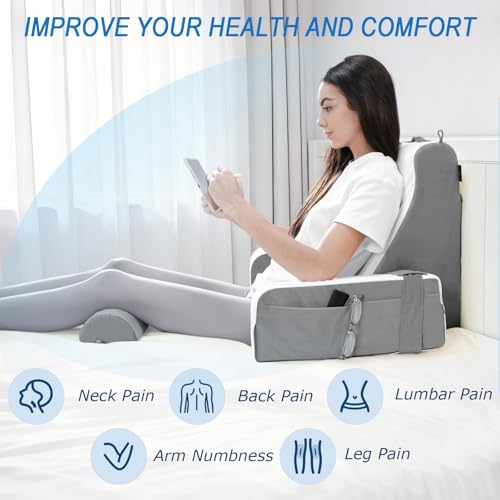 HOMCA Reading Pillow for Bed – Back Support Cushion with Cervical Pillow and Removable Armrests, Reading Pillow for Relaxing, Watching TV or Reading (36 x 40 x 48 cm)