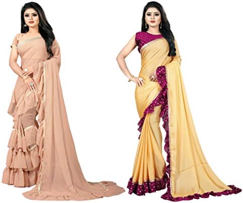 Vaishnavi Women's Georgette Golden Lace Solid Combo Ruffle Saree With Blouse(Pack Of 2)