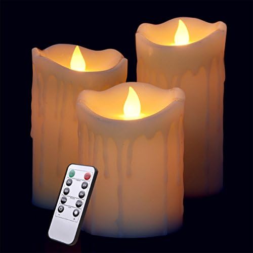 LED Flameless Candle Dripping Style 3 Pieces, 4" 5" 6" Real Wax Battery Pillar Candles With Remote&amp;Timer, Flickering Flame Electric Candle Set, for Home Decoration, Party, Wedding, Birthday-Yellow