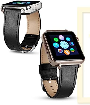 New Y6 Smart Bluetooth Watch Yellow Gold Case with Black Leather Strap, HD Touch Screen Display Built-In SIM Card Slot Camera Video Recording (Black Leather Strap)