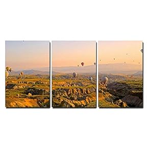 3 Piece Canvas Wall Art - Beautiful Scenery with Hot Air Balloons Over Mountains,Turkey - Modern Home Art Stretched and Framed Ready to Hang - 16"x24"x3 Panels