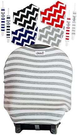 Baby Nursing Breastfeeding Cover/ Stretchy Car seat Canopy/Shopping Cart / Bandana Bibs/Pacifier Clips/For Girls and Boys(Gray/White Stripes)