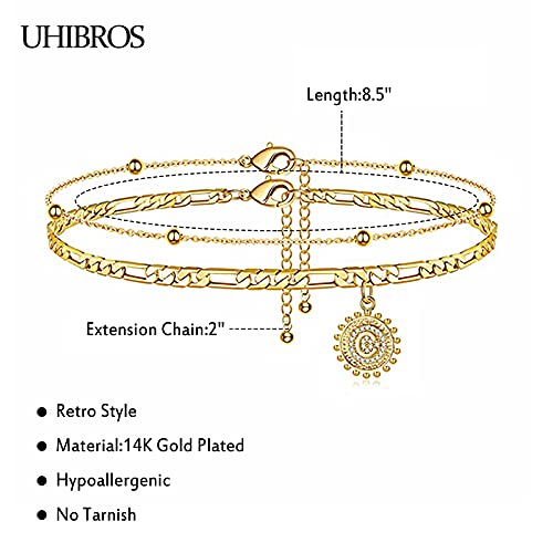 UHIBROS Initial Ankle Bracelets for Women Teen Girls, 14K Gold Plated Double Layered Initial Anklet Bracelet, Alphabet Letter Coin Pendant  Jewelry for Beach, Party, Holiday-C