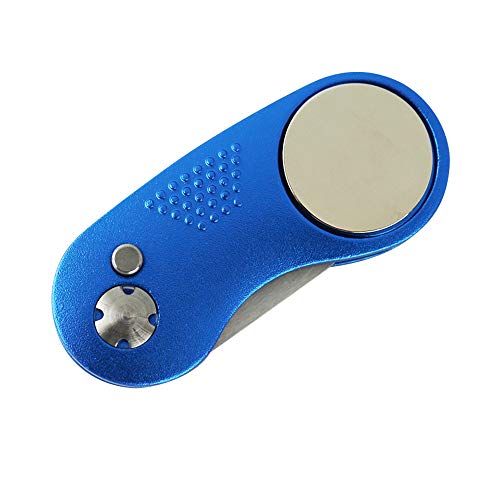 Myartte Golf Divot Repair Tool,Foldable Divot Tool, Stainless Steel Switchblade with 2 PCS Detachable Golf Ball Marker Pop-up Button (Blue Clover)