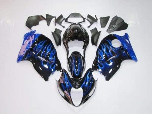 FATExpress Black with Blue Fireflame Fire Flame Complete Fairing Bodywork Aftermarket Painted ABS plastic Injection Molding Kit for 1999-2007 Suzuki GSXR GSX-R 1300 Hayabusa 2000 2001 2002 2003 2004 2005 2006
