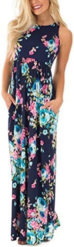 LiMiCao Women Fashion Printed Long Dress Three Quarter Sleeve Retro Vintage Flower Casual Floor Length Maxi Dress (S-XXXL) (L, Blue2)