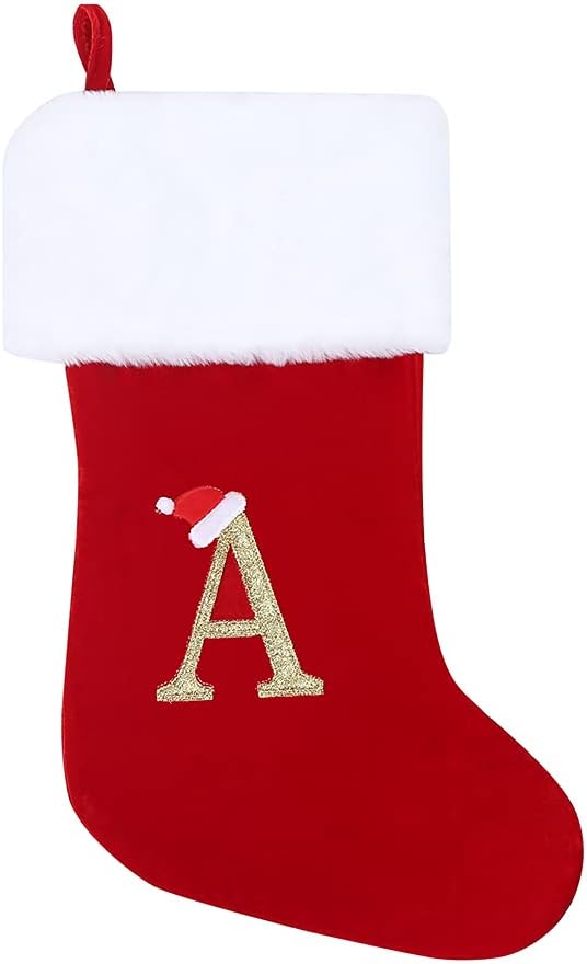 Stockings & Holders - CHRLRewa 20 Inches Initial Monogram Embroidered Christmas Stocking Red Velvet with White Super Soft Plush Cuffs Christmas Decorations Stocking C12-A