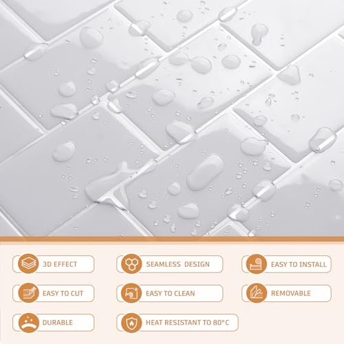CRE8TIVE Peel and Stick Tile Backsplash 12x12 Inch - PU Gel Surface Ceramic Look Subway Tile, Self-Adhesive Removable PVC Tiles for Kitchen Backsplash, Bathroom, Laundry Room (4-Pack, Pure White)