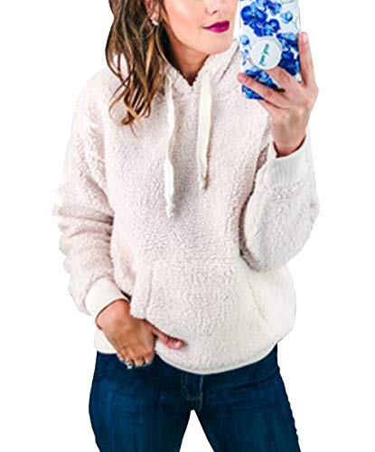 KIRUNDO 2019 Winter Women's Fleece Hoodies Sweatshirts Long Sleeves Shaggy Pullovers with Pockets Short Tops (Medium, Beige)