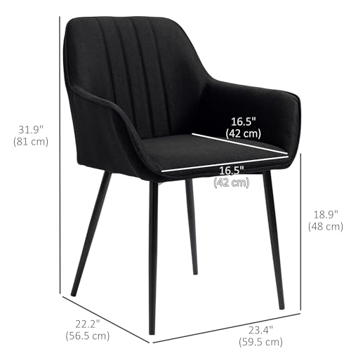 HOMCOM Dining Chairs Set of 2, Upholstered Kitchen Chairs, Linen Fabric Accent Arm Chairs with Metal Legs, Black