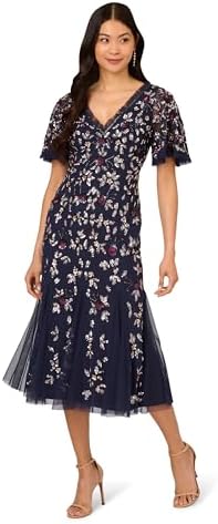 adrianna papell women's bead flutter-sleeve midi mesh dress Adrianna Papell Women's Bead Mesh Flutter Dress, Peri Blue, 4 at Amazon  Women's Clothing store