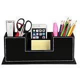HOMETEK PU Leather Desktop Storage Box 4 Compartment Desk Organizer Card/Pen/Pencil/Mobile Phone/Remote Controller/Cosmetics Office Supplies Holder Collection Desktop Organizer (Black)
