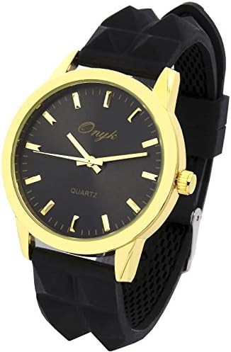 Womens Gold Metal Tone Black Silicone Band Black Face Quartz Wrist Watches