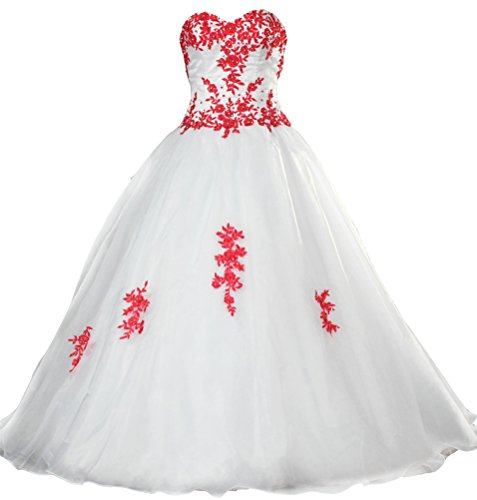 ANTS Women's Ball Gown Wedding Dress Organza With Red Lace Size 12 US White