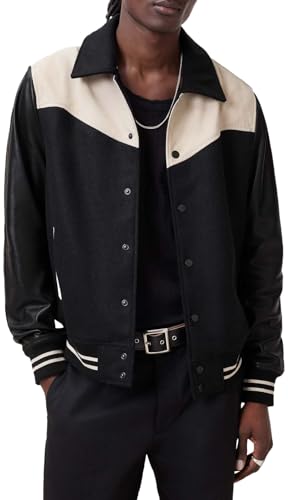 AllSaints Mens Jacket Leather Endleton Bomber Black/Ecru White S