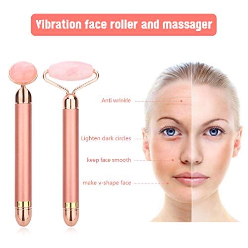 2-IN-1 Electric Jade Roller Facial Massager, Nature Rose Quartz Beauty Bar Face Roller Kit, Arm Eye Nose Massage Stone for Face Lift,Anti-Aging,Anti-Wrinkles,Skin Tightening,Face Firming