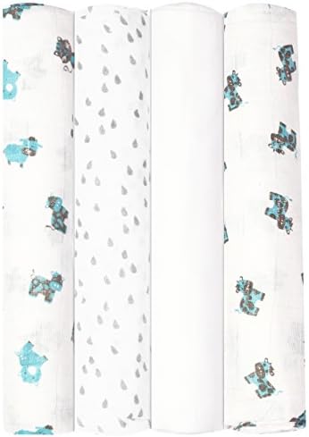Babykin Organic Cotton Muslin Swaddle Blankets, Blue Farm Animals, 4 Piece Pack