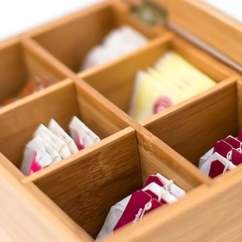 Caixa De Chá e Café Com 6 Divisórias Multiuso - Organização Elegante Para Cozinha ou Escritório Armazenamento De Especíarias e Temperos Bambú Sustentável