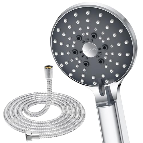 YEAUPE PRO Shower Head High Pressure - 6 Jet Modes,Round Large (Φ100mm),Universal G1/2 Connectors,Rain Bathroom Handheld for Electric Showerheads,Silicone Panel,Black (Shower Head with Hose 1.6m)