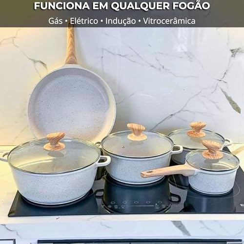 Conjunto de Panelas de Cerâmica Antiaderente Revestido de Granito, 5 Peças, Cozinha Saudável, Livre de PFOA (Branco)
