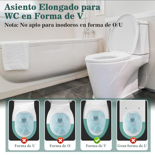 Asiento Elongado para WC Asiento para Inodoro de Cierre Lento y Silencioso Tapa para Retrete Económico Toilet Seat Residencial Tapa de Baño WC Universal Taza de Inodoro Alargado para Sanitario 46*36cm