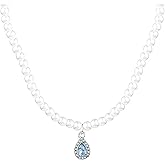 Crymystal Boho Teardrop Pendant Necklace Round Pearl Necklace Choker Teardrop Necklace Chain Blue Crystal Necklace Vintage Pearl Beaded Necklace Jewelry for Women and Girls Gifts